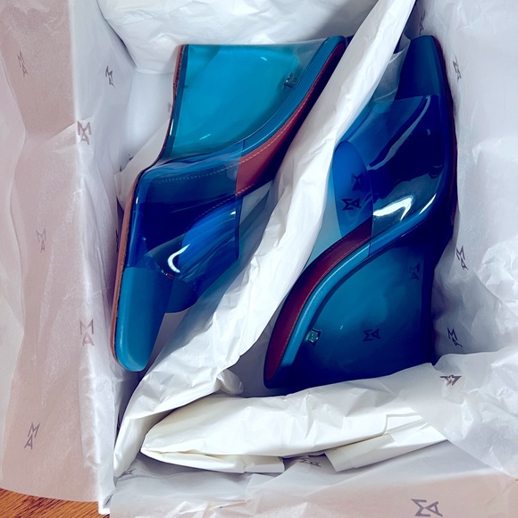 😊SOLD😊Amina Muaddi Blue Lupita Glass Wedge Heeled Sandals in 39 - Picture 6 of 15